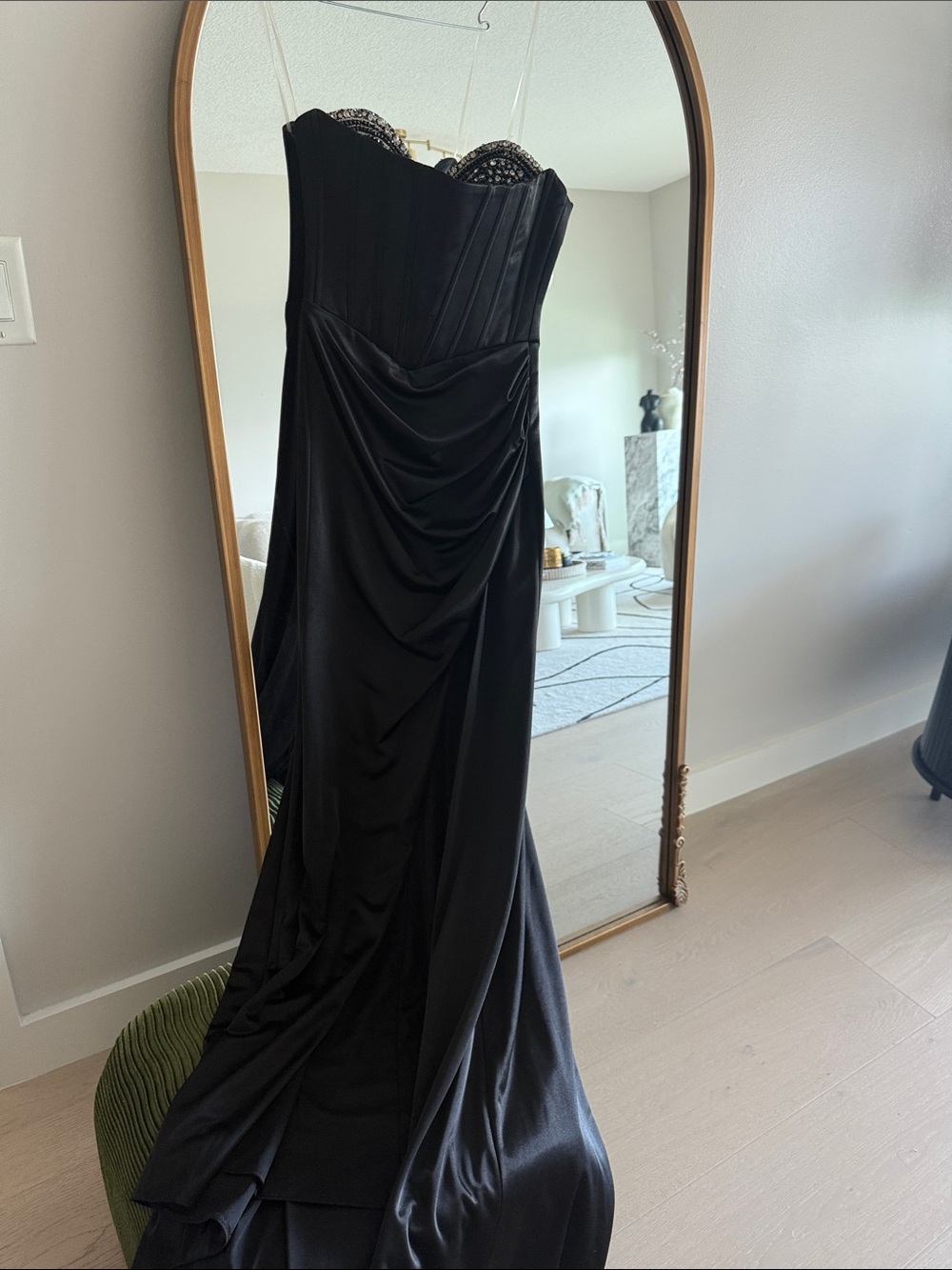 Black Strapless Satin Dress with Rhinestone trim